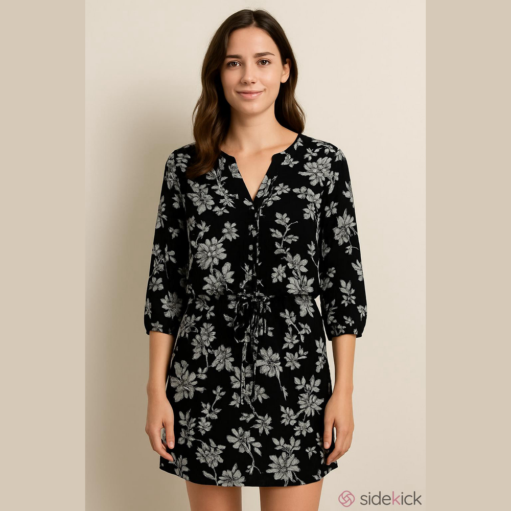 Gap Dress Cinch Drawstring Waist Shirt Tail Hem Black with Grey Floral Small